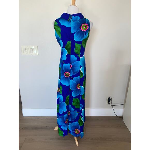 VINTAGE 60's 70's Sun Fashions of Hawaii Dress Maxi Sleeveless Blue Floral Sz 12 - Picture 4 of 5